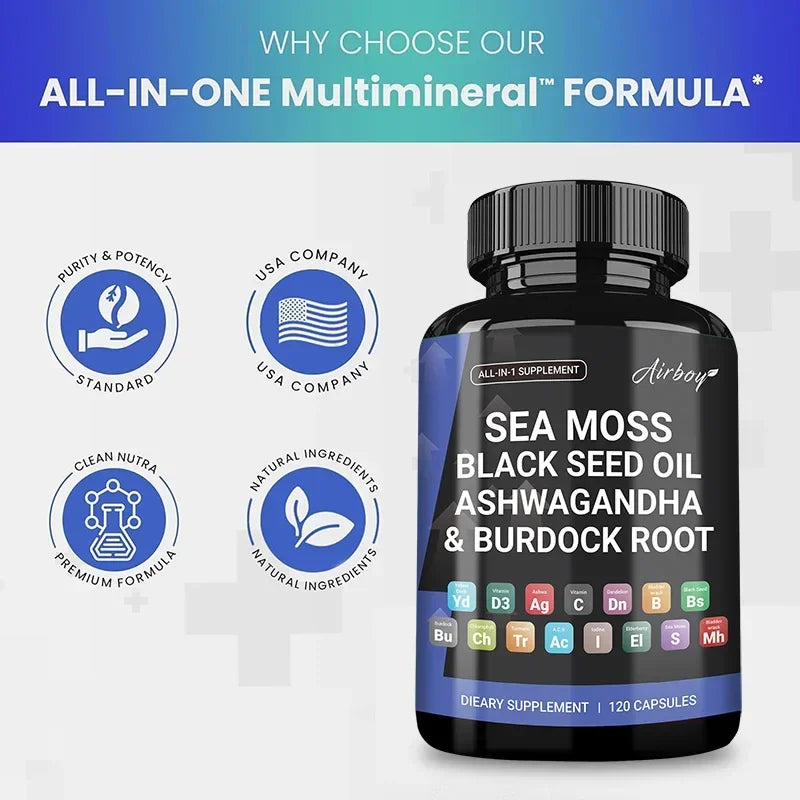 Sea Moss, Black Seed Oil, Ashwagandha and Burdock Root Capsules