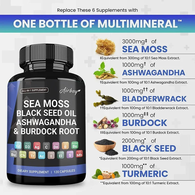 Sea Moss, Black Seed Oil, Ashwagandha and Burdock Root Capsules
