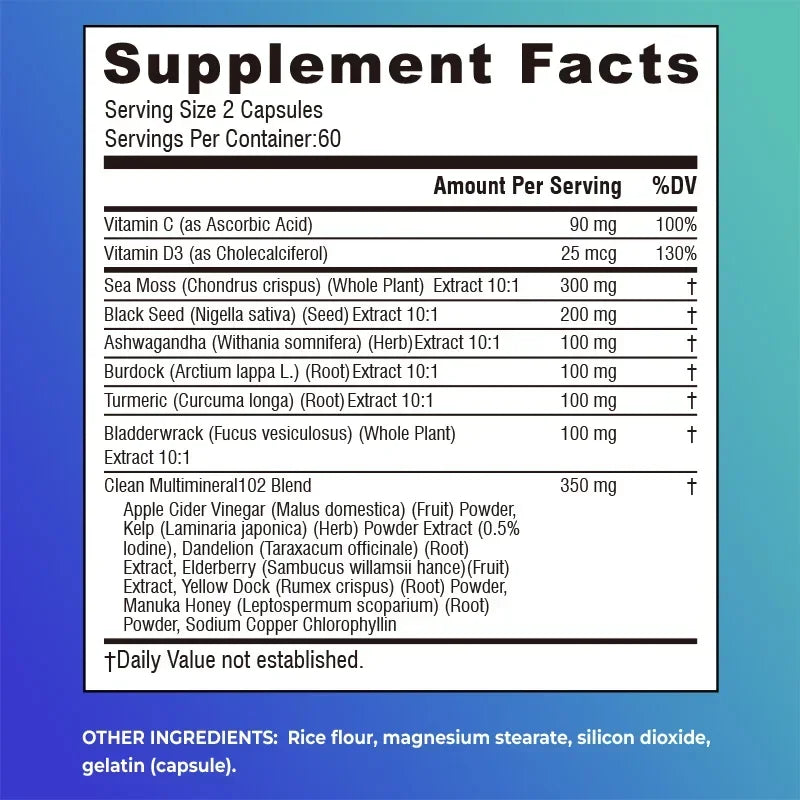 Sea Moss, Black Seed Oil, Ashwagandha and Burdock Root Capsules