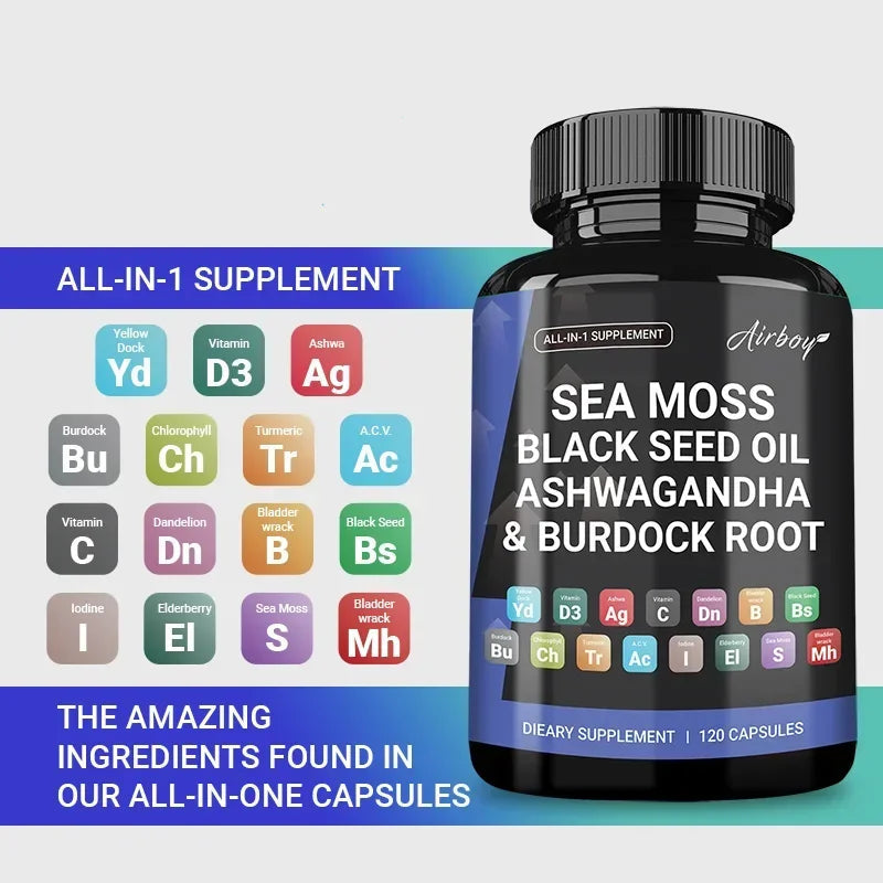 Sea Moss, Black Seed Oil, Ashwagandha and Burdock Root Capsules