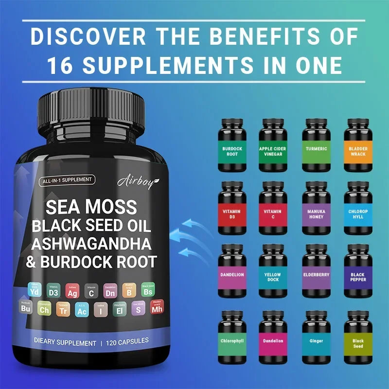 Sea Moss, Black Seed Oil, Ashwagandha and Burdock Root Capsules