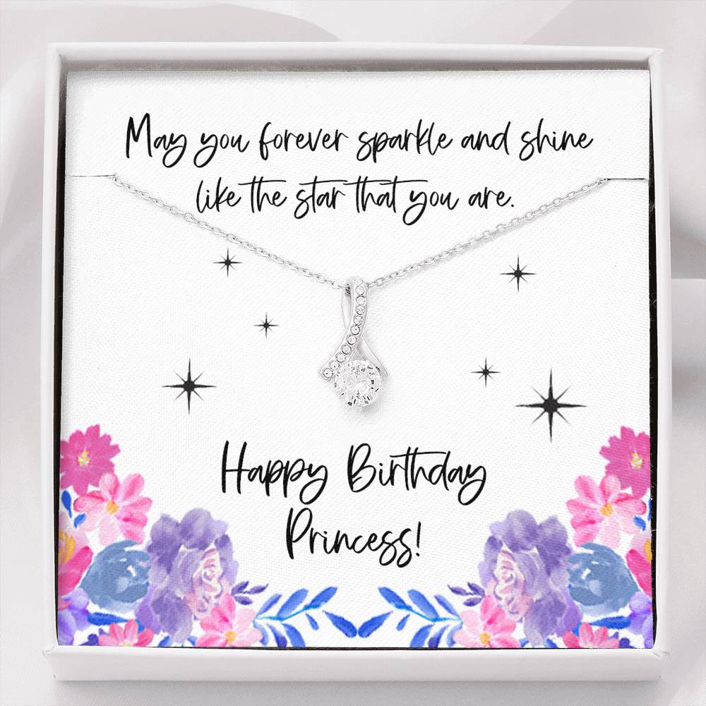 Perfect Birthday Gift for Her • Ribbon Design Necklace in 14K White Gold Over Stainless Steel • 7mm Round Cut Cubic Zirconia