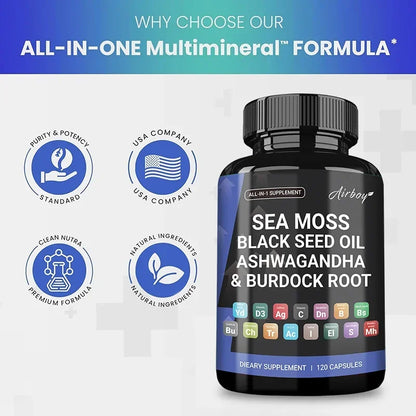 Sea Moss, Black Seed Oil, Ashwagandha and Burdock Root Capsules