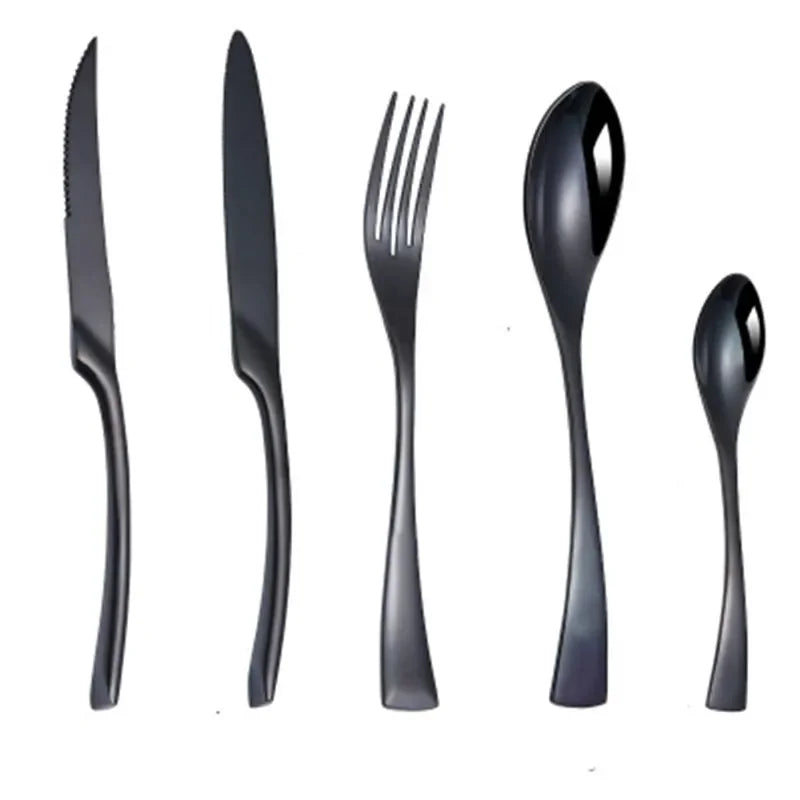 Jet Black Stainless Steel Cutlery Set - 5PCS Reusable Dinnerware