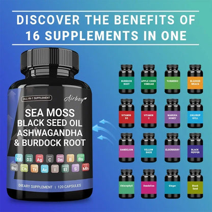 Sea Moss, Black Seed Oil, Ashwagandha and Burdock Root Capsules