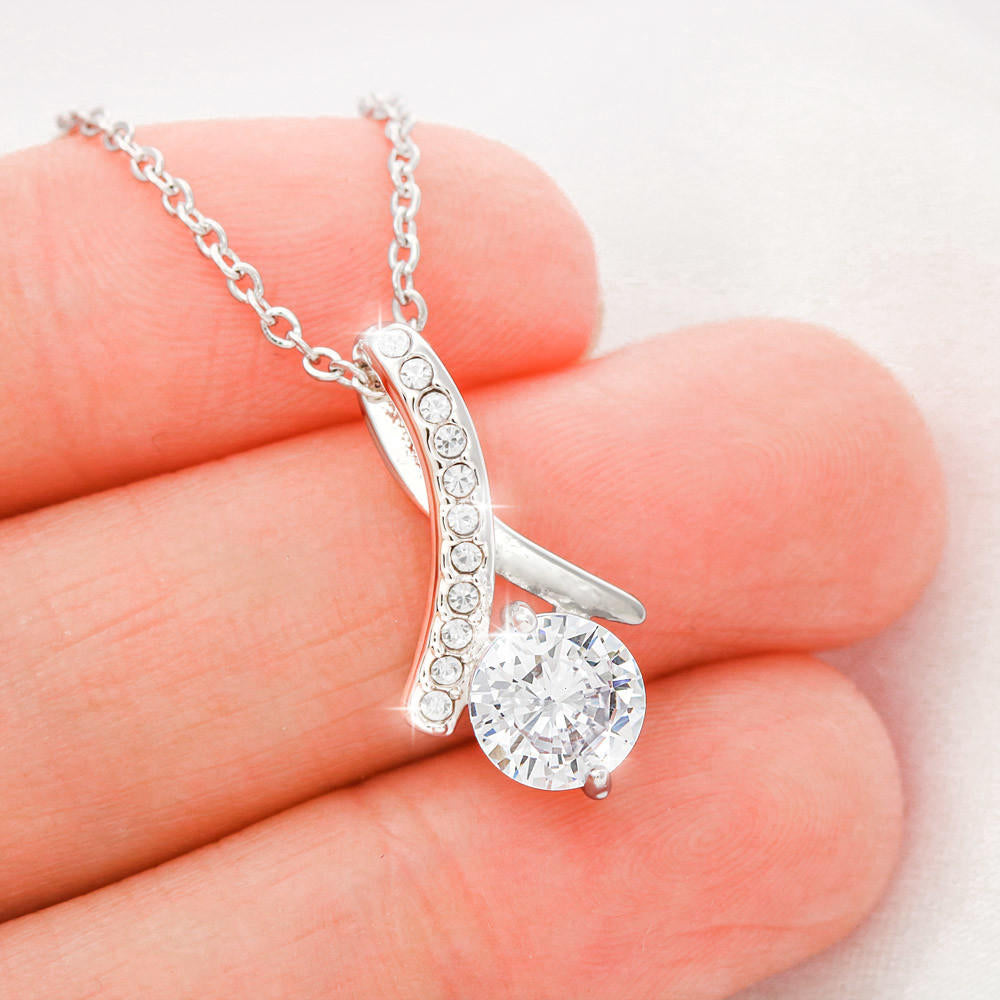 Perfect Birthday Gift for Her • Ribbon Design Necklace in 14K White Gold Over Stainless Steel • 7mm Round Cut Cubic Zirconia