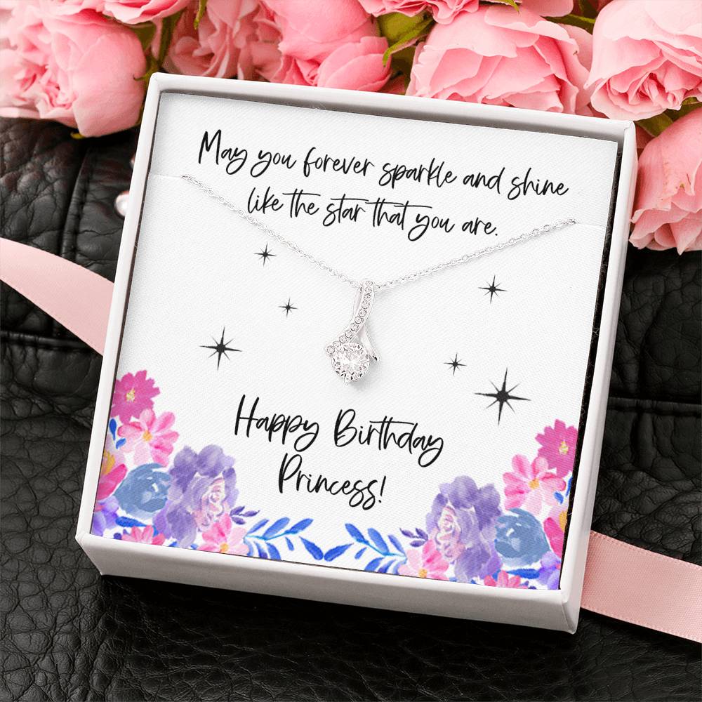 Perfect Birthday Gift for Her • Ribbon Design Necklace in 14K White Gold Over Stainless Steel • 7mm Round Cut Cubic Zirconia